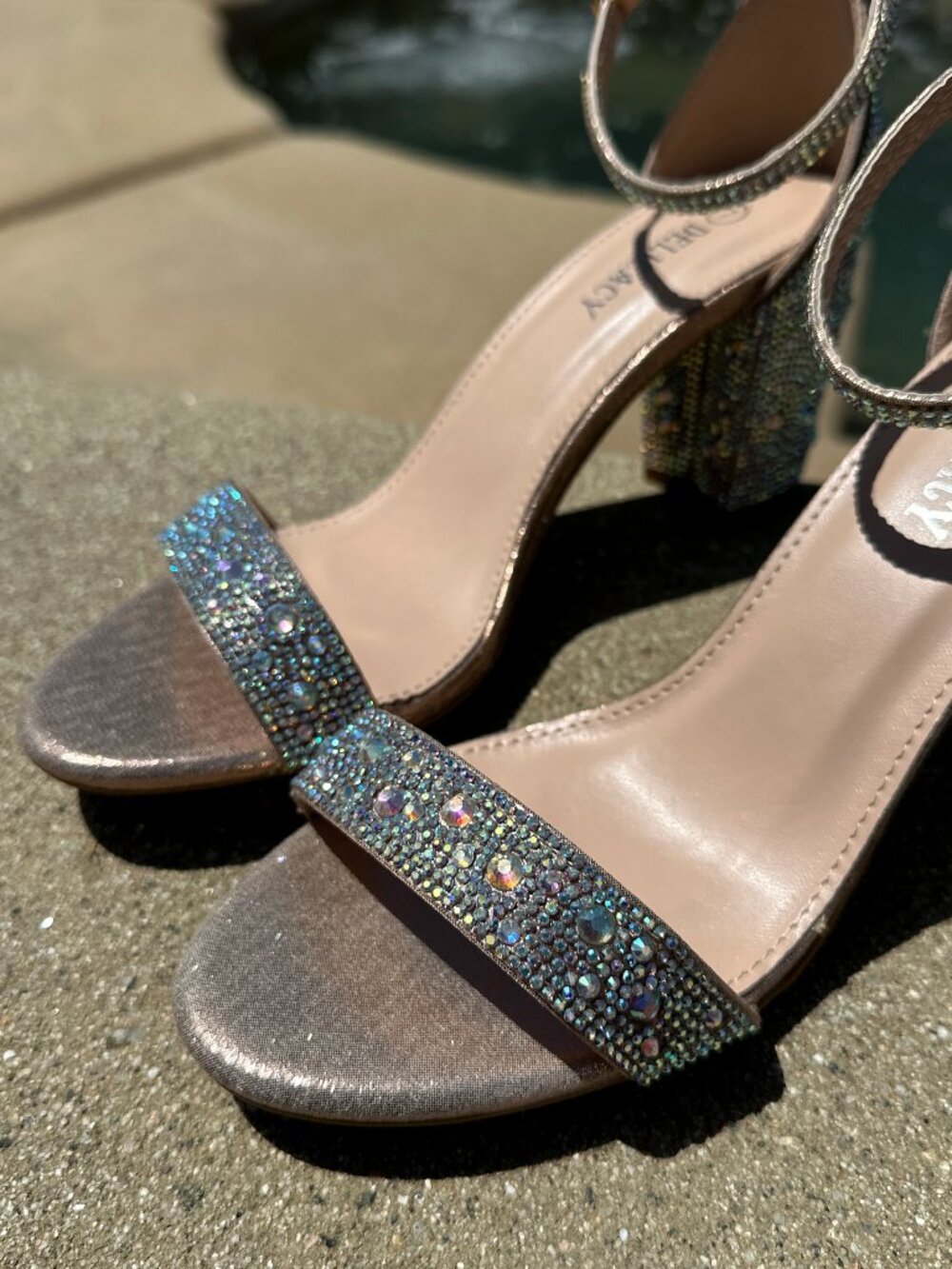 New Bling Gold Rhinestone Crystal Open Toe Dress Sandals Ankle Strap Block Heel - Picture 5 of 6
